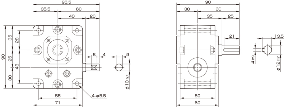三木プーリのマキシンコー ウォーム減速機MA25モデル寸法図 外形寸法および取付寸法を示す寸法図