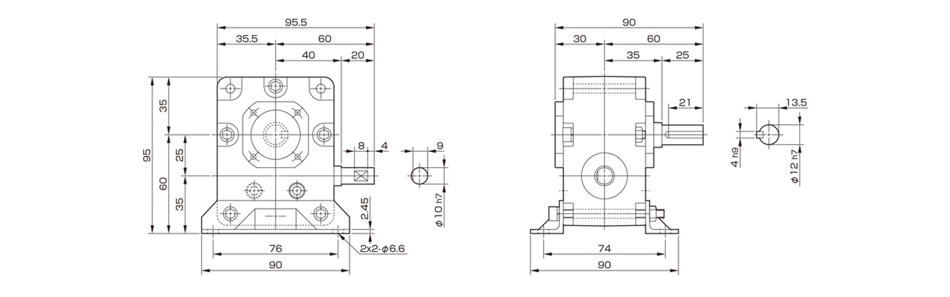 三木プーリのマキシンコー ウォーム減速機MA25モデル寸法図 外形寸法および取付寸法を示す寸法図