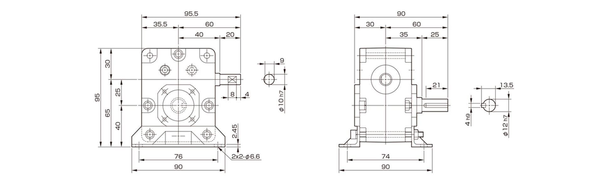 三木プーリのマキシンコー ウォーム減速機MA25モデル寸法図 外形寸法および取付寸法を示す寸法図