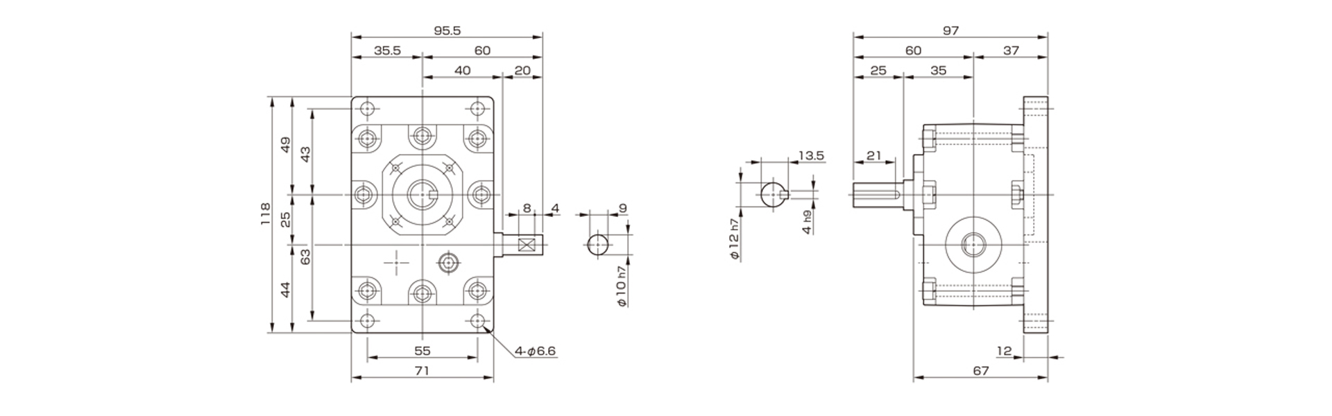 三木プーリのマキシンコー ウォーム減速機MA25モデル寸法図 外形寸法および取付寸法を示す寸法図
