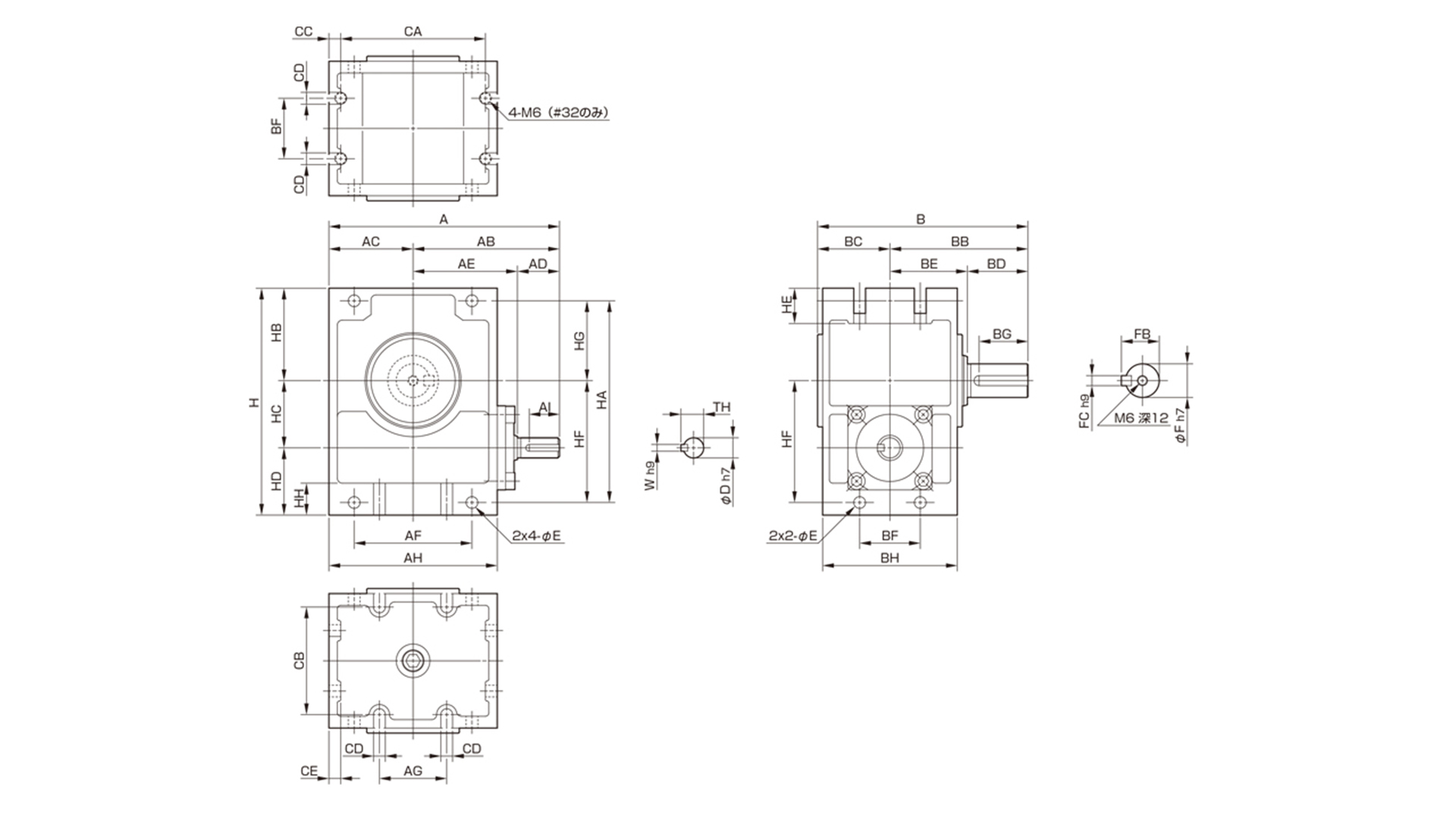 三木プーリのマキシンコー ウォーム減速機MA32・40モデル寸法図 外形寸法および取付寸法を示す寸法図