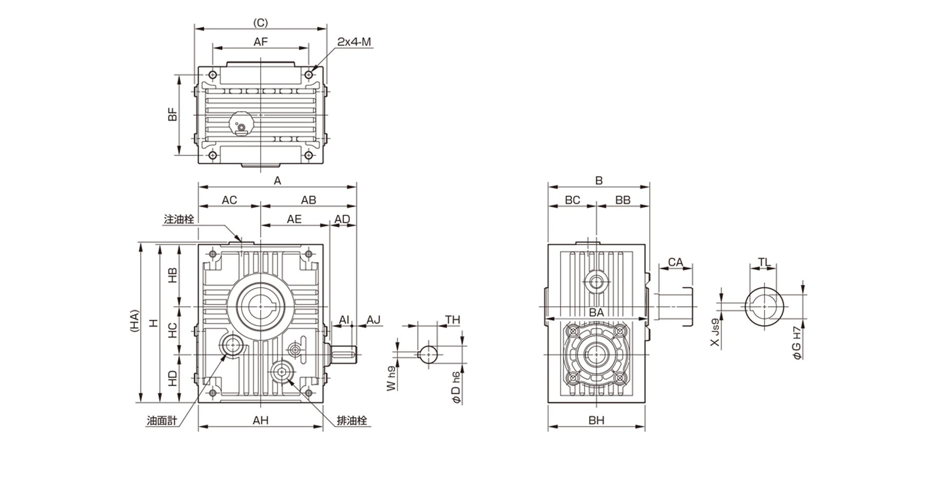 三木プーリのマキシンコー ウォーム減速機MALOモデル寸法図 外形寸法および取付寸法を示す寸法図