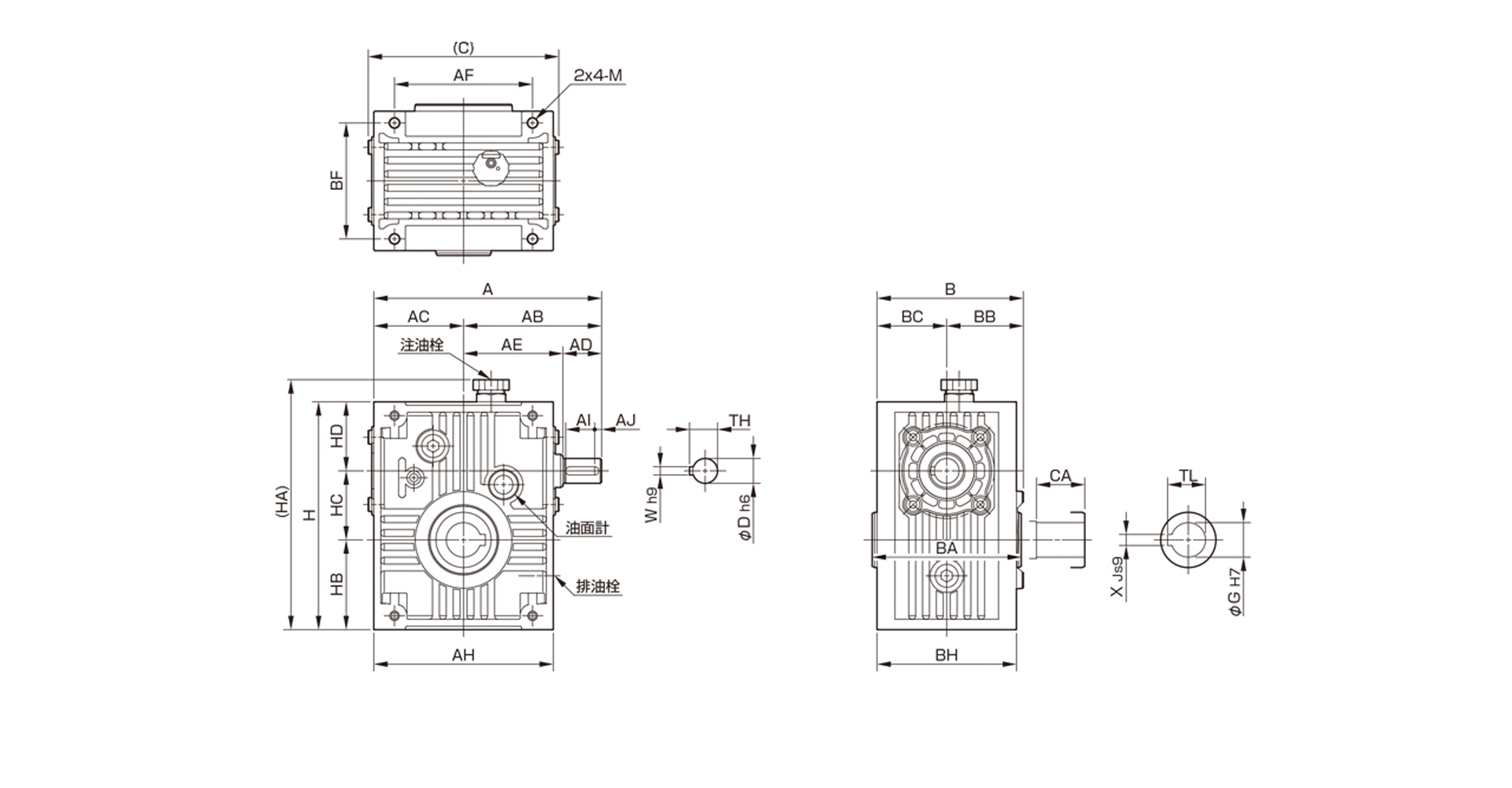 三木プーリのマキシンコー ウォーム減速機MALOモデル寸法図 外形寸法および取付寸法を示す寸法図