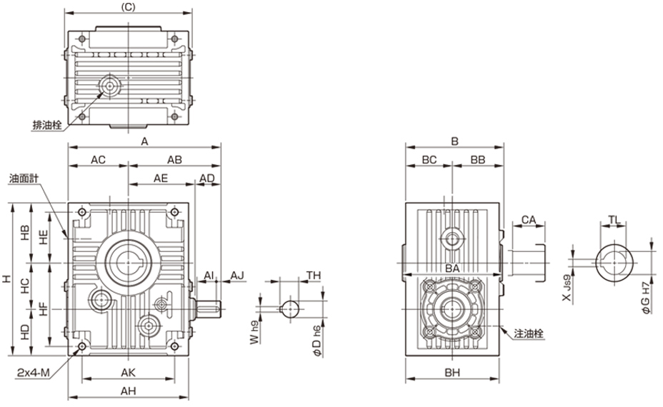 三木プーリのマキシンコー ウォーム減速機MALOモデル寸法図 外形寸法および取付寸法を示す寸法図