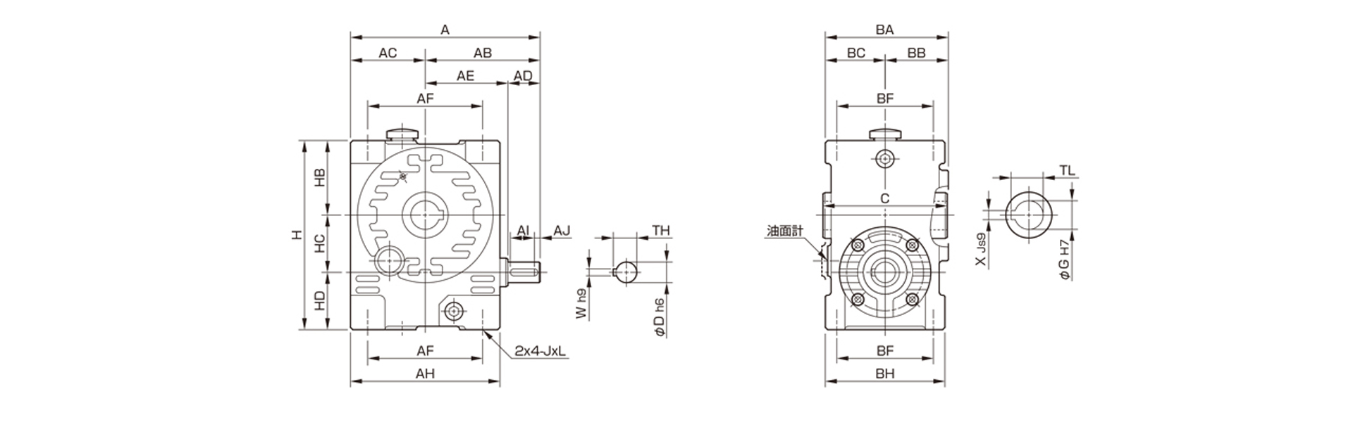 三木プーリのマキシンコー ウォーム減速機MAOB／MAOBPモデル寸法図 外形寸法および取付寸法を示す寸法図