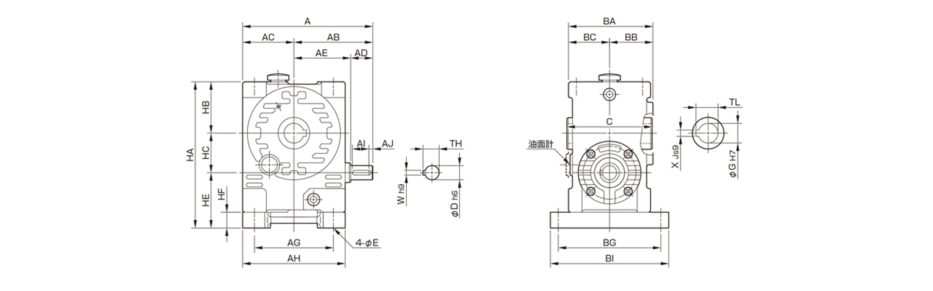 三木プーリのマキシンコー ウォーム減速機MAOB／MAOBPモデル寸法図 外形寸法および取付寸法を示す寸法図