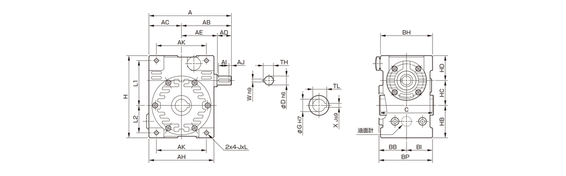 三木プーリのマキシンコー ウォーム減速機MAOK／MAOKPモデル寸法図 外形寸法および取付寸法を示す寸法図