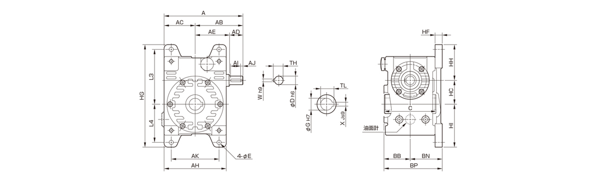 三木プーリのマキシンコー ウォーム減速機MAOK／MAOKPモデル寸法図 外形寸法および取付寸法を示す寸法図