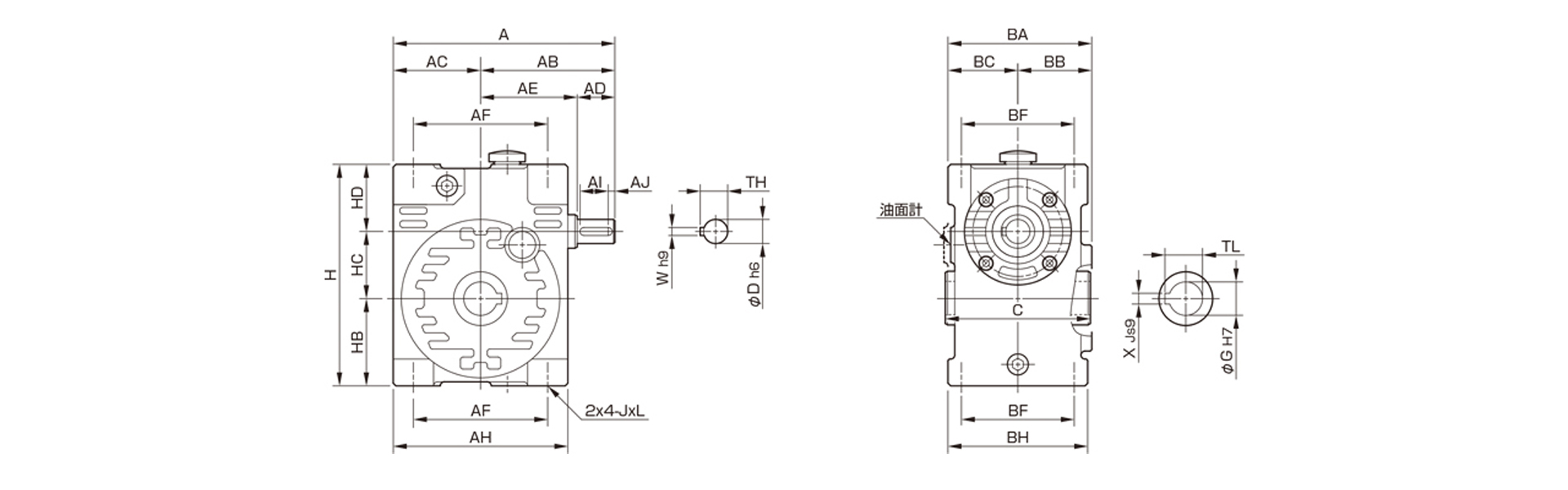 三木プーリのマキシンコー ウォーム減速機MAOW／MAOWPモデル寸法図 外形寸法および取付寸法を示す寸法図