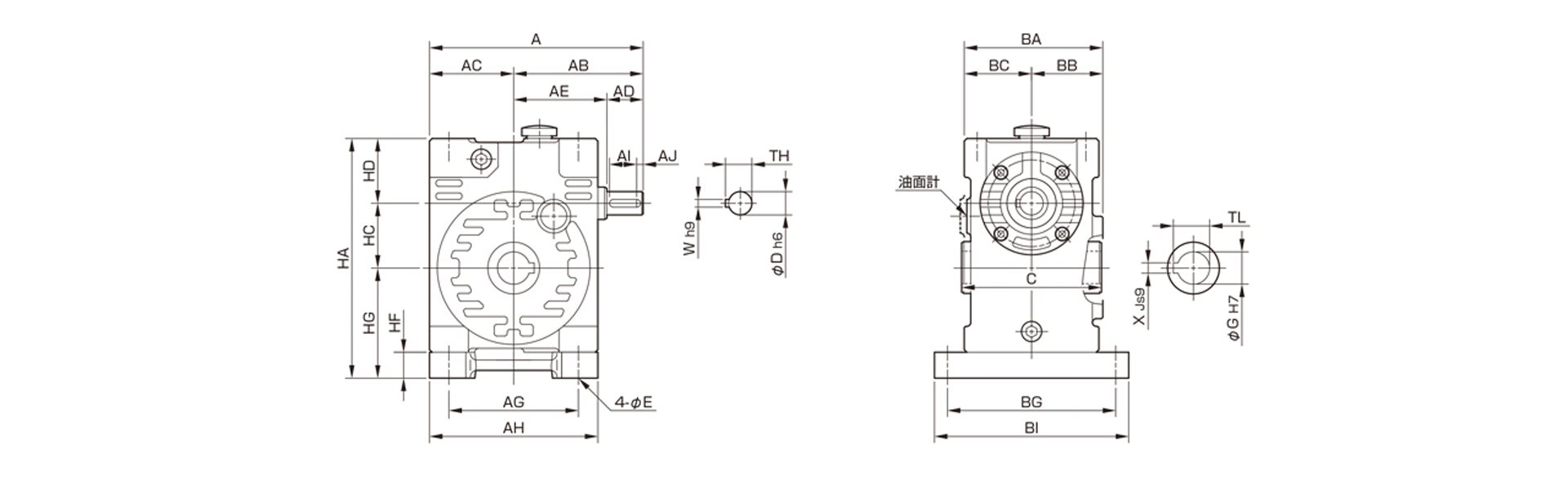 三木プーリのマキシンコー ウォーム減速機MAOW／MAOWPモデル寸法図 外形寸法および取付寸法を示す寸法図