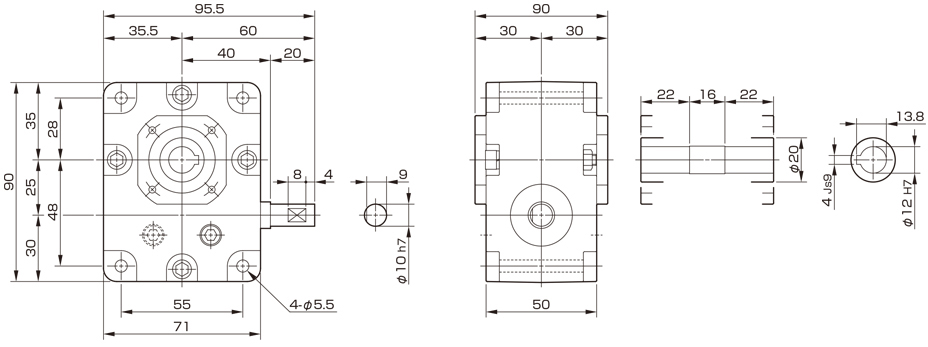 三木プーリのマキシンコー ウォーム減速機MAO25モデル寸法図 外形寸法および取付寸法を示す寸法図