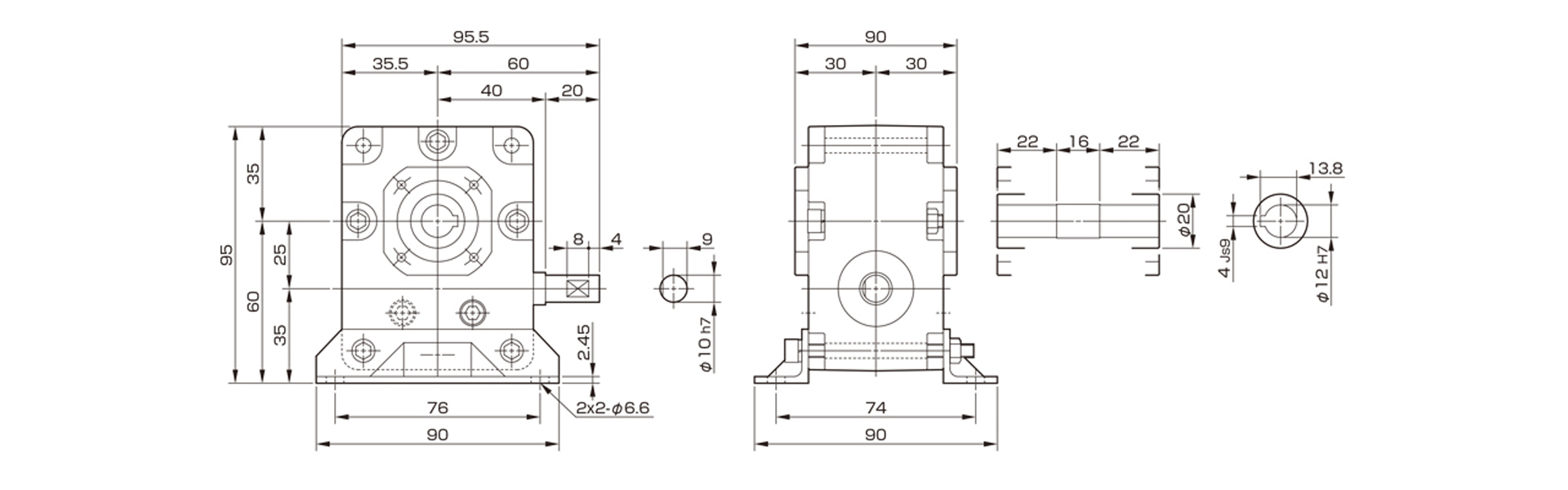 三木プーリのマキシンコー ウォーム減速機MAO25モデル寸法図 外形寸法および取付寸法を示す寸法図