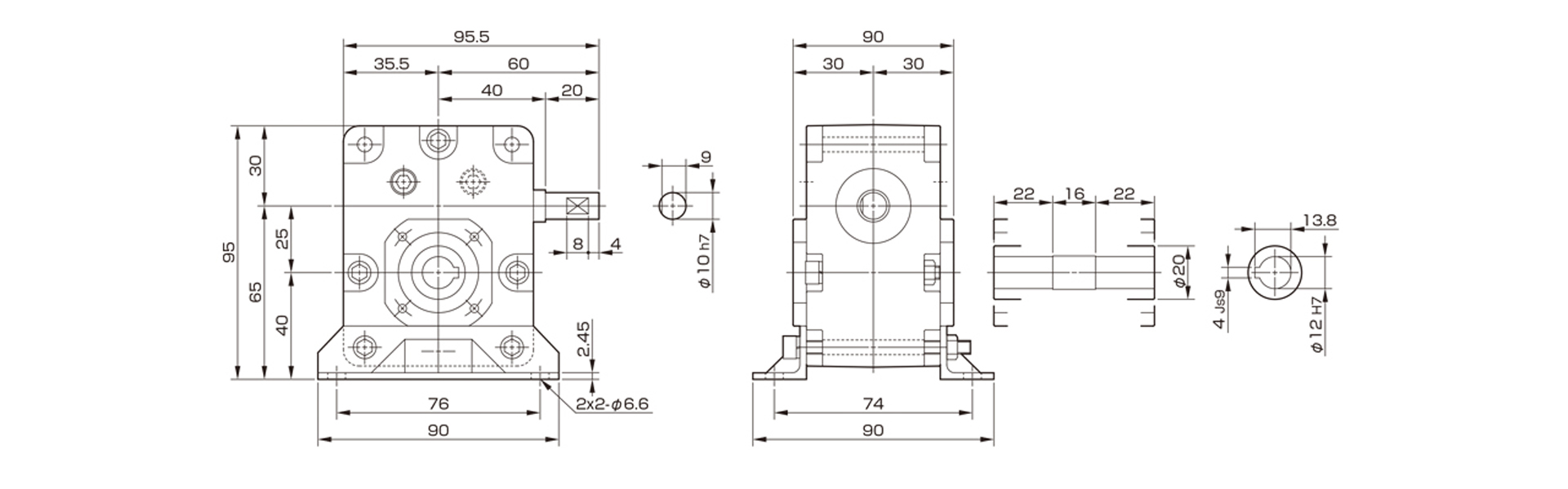 三木プーリのマキシンコー ウォーム減速機MAO25モデル寸法図 外形寸法および取付寸法を示す寸法図