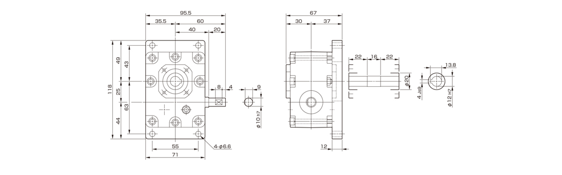 三木プーリのマキシンコー ウォーム減速機MAO25モデル寸法図 外形寸法および取付寸法を示す寸法図