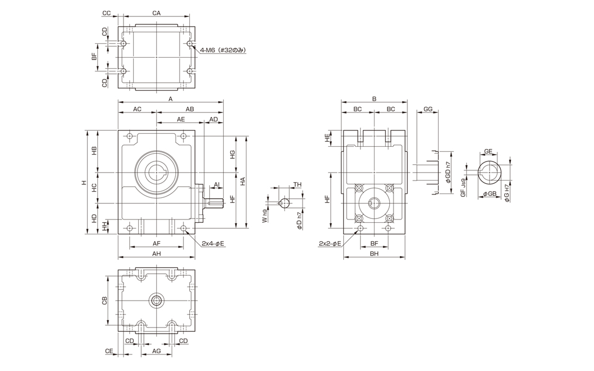 三木プーリのマキシンコー ウォーム減速機MAO32・40モデル寸法図 外形寸法および取付寸法を示す寸法図