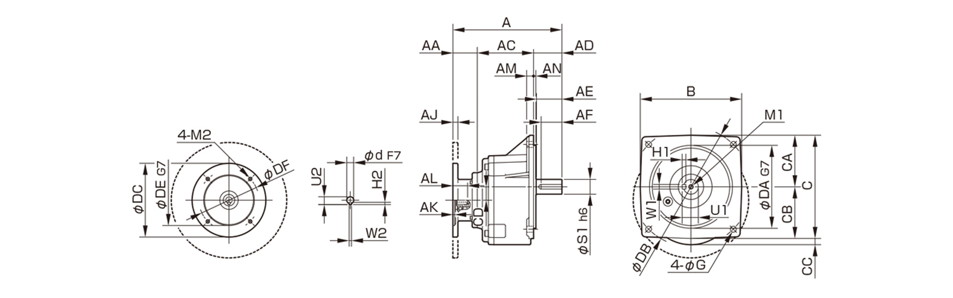 三木プーリのシグマー技研平行軸歯車減速機SF2モデル寸法図 外形寸法および取付寸法を示す寸法図