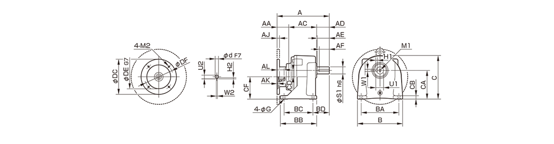三木プーリのシグマー技研平行軸歯車減速機SL2モデル寸法図 外形寸法および取付寸法を示す寸法図