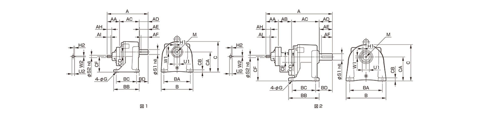 三木プーリのシグマー技研平行軸歯車減速機WL2モデル寸法図 外形寸法および取付寸法を示す寸法図