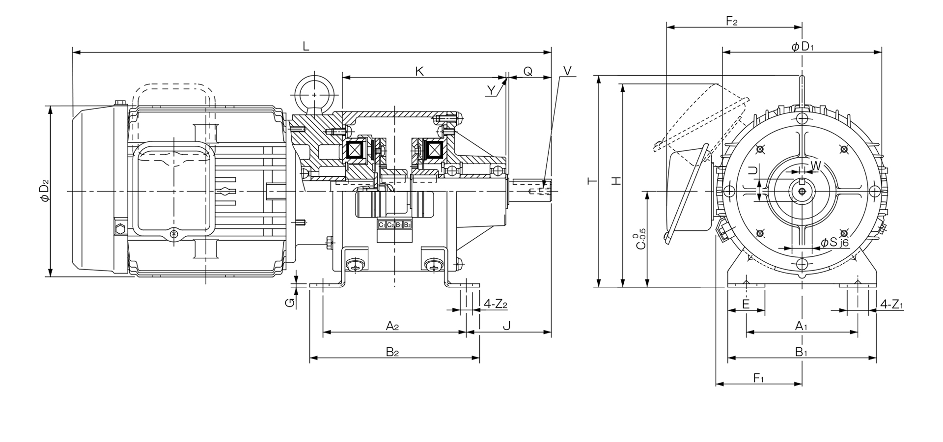 三木プーリのクラッチ・ブレーキユニット126モデル（ベース取付仕様）寸法図 取付寸法および主要部寸法を示す寸法図
