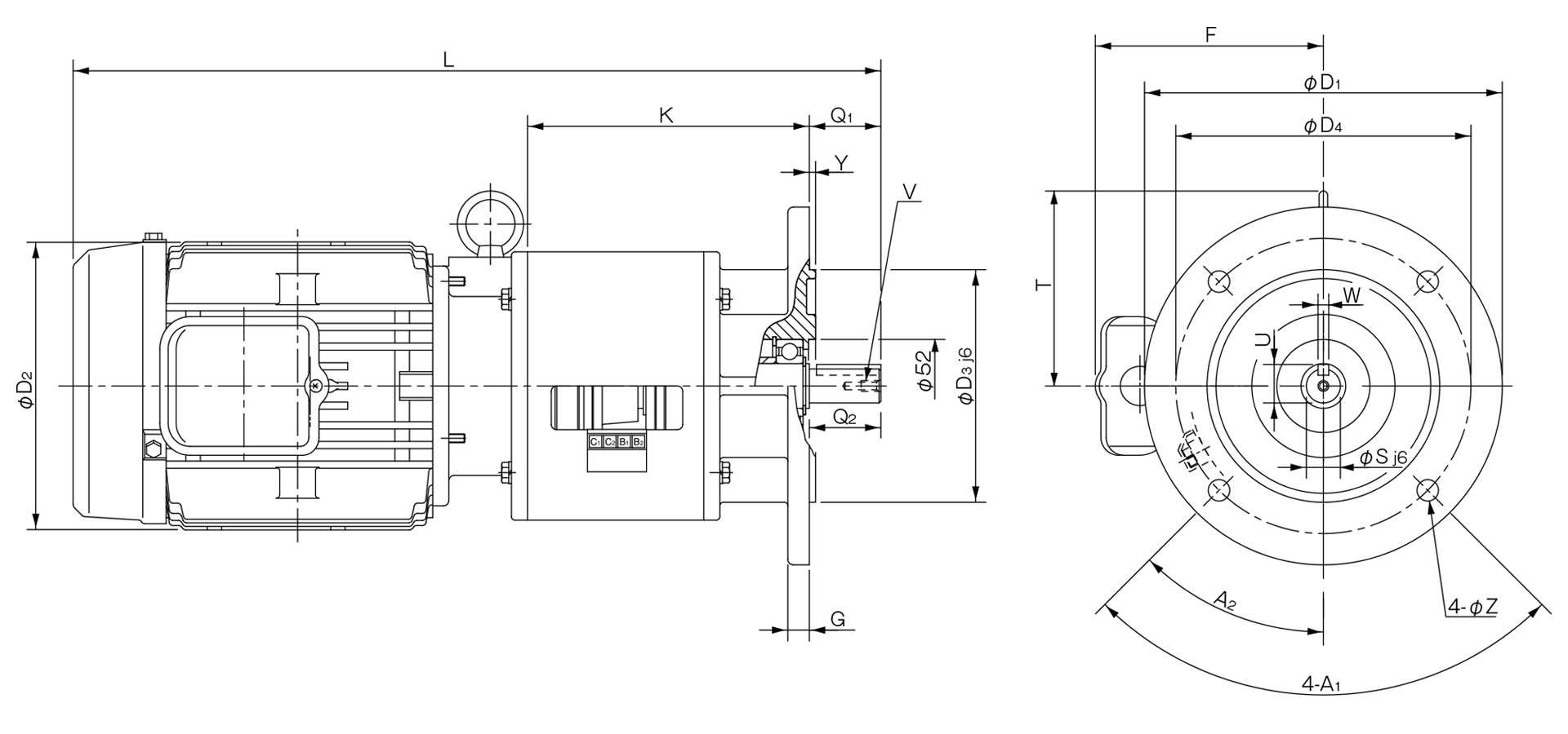 三木プーリのクラッチ・ブレーキユニット126モデル（フランジ取り付け仕様）寸法図 取付寸法および主要部寸法を示す寸法図