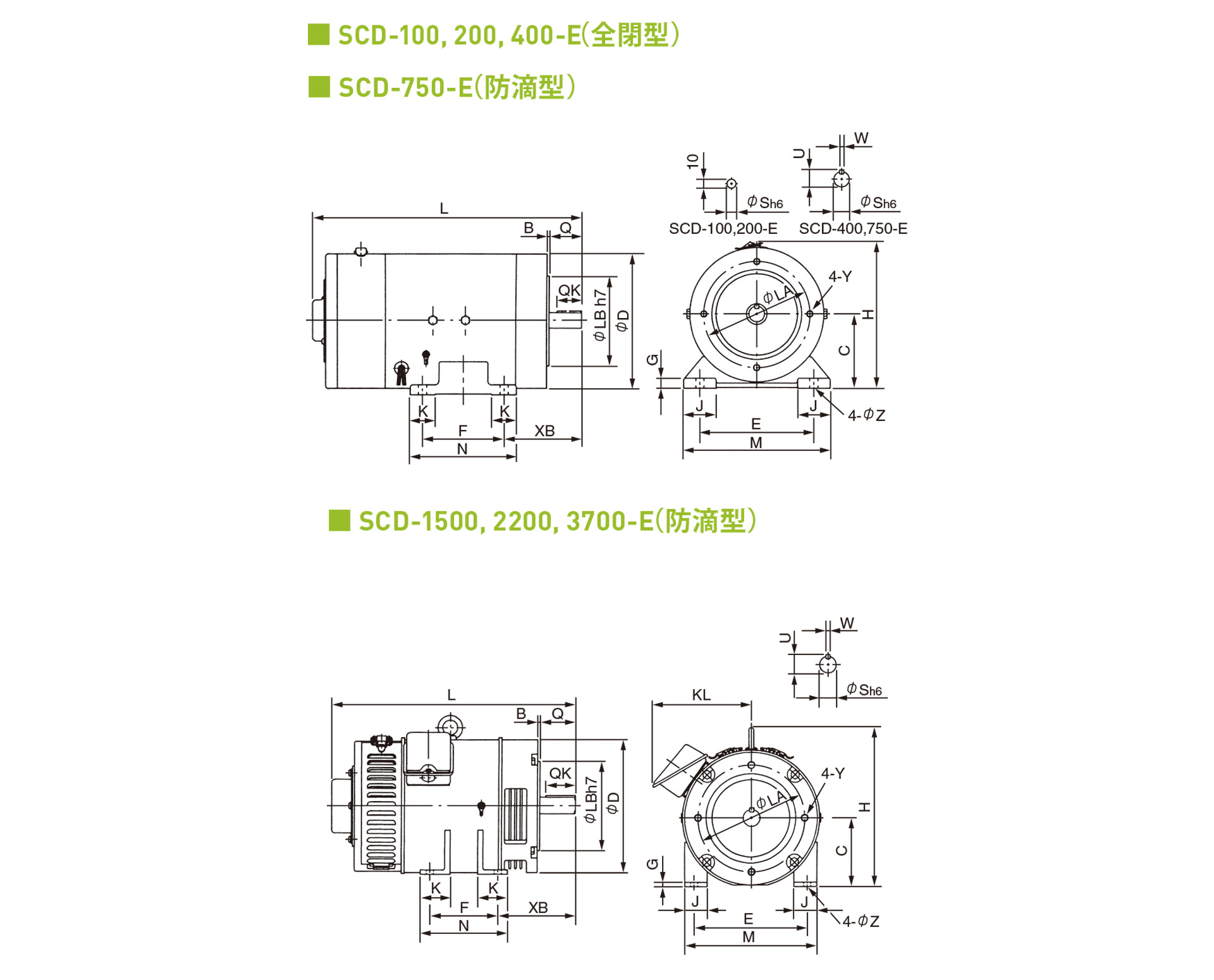 三木プーリの直流モータ単体SCDモデルEタイプ寸法図 外形寸法および取付寸法を示す寸法図