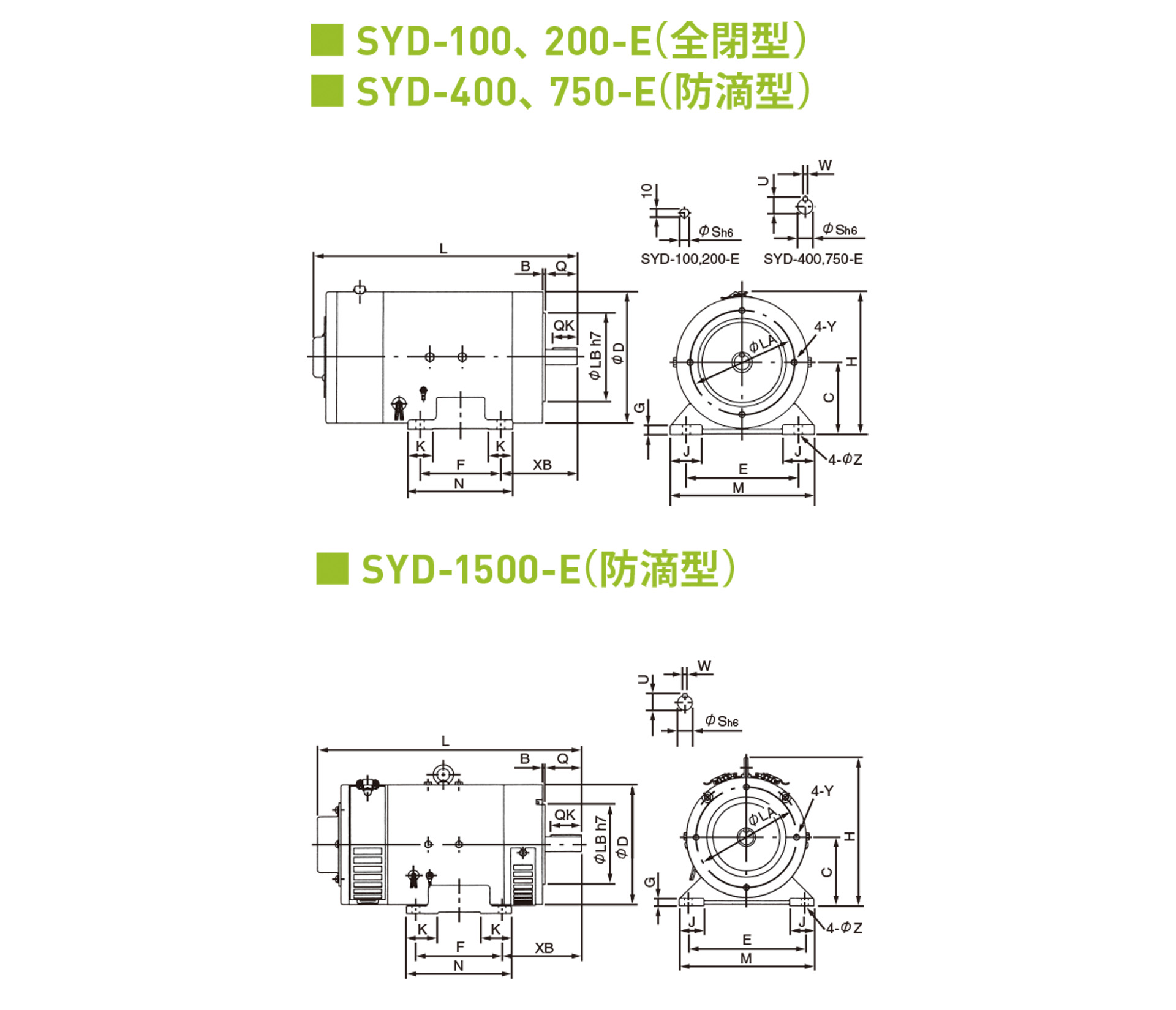 三木プーリの直流モータ単体SYDモデルEタイプ寸法図 外形寸法および取付寸法を示す寸法図