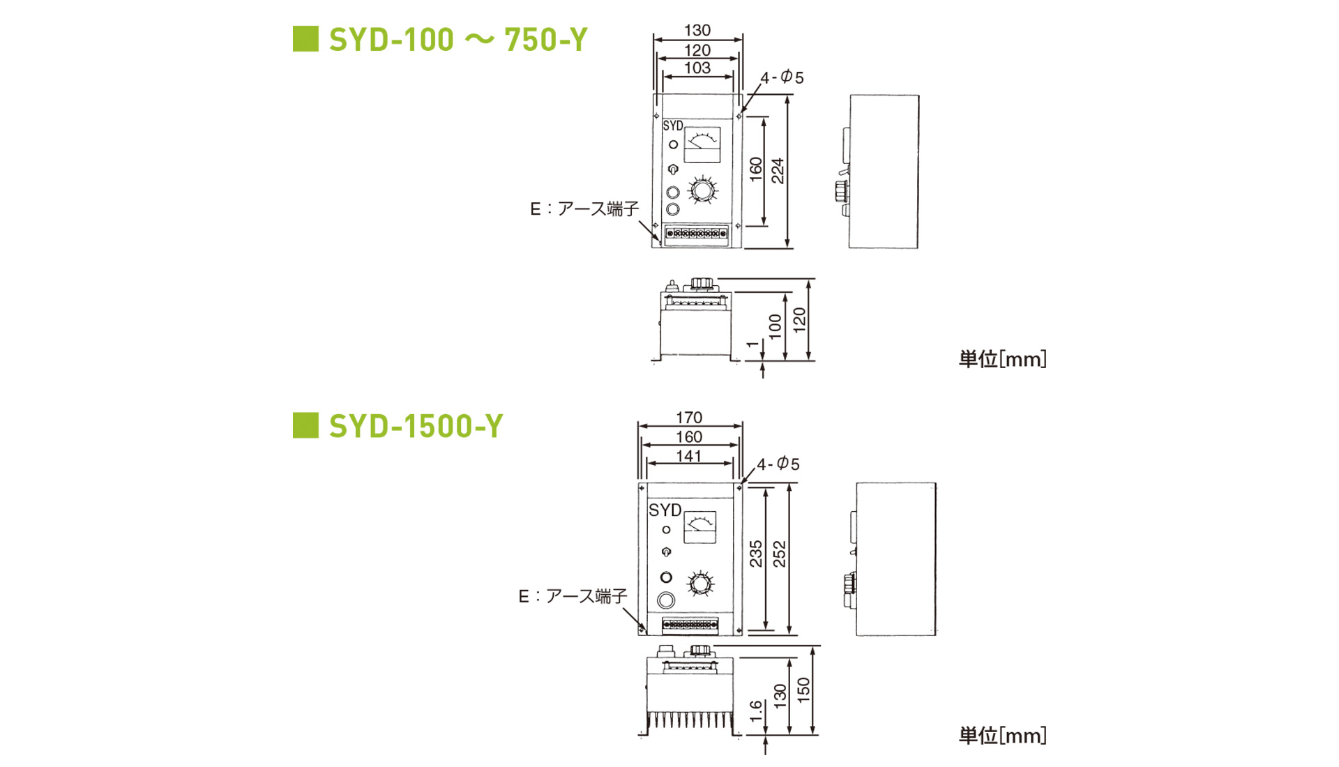 三木プーリの直流制御盤単体SYDモデルYタイプ寸法図 外形寸法および端子部寸法を示す寸法図