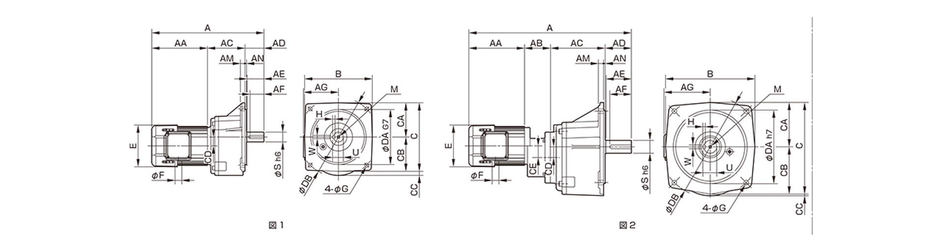 三木プーリの中実軸ギヤードモータTMF2モデル寸法図 外形寸法および取付寸法を示す寸法図