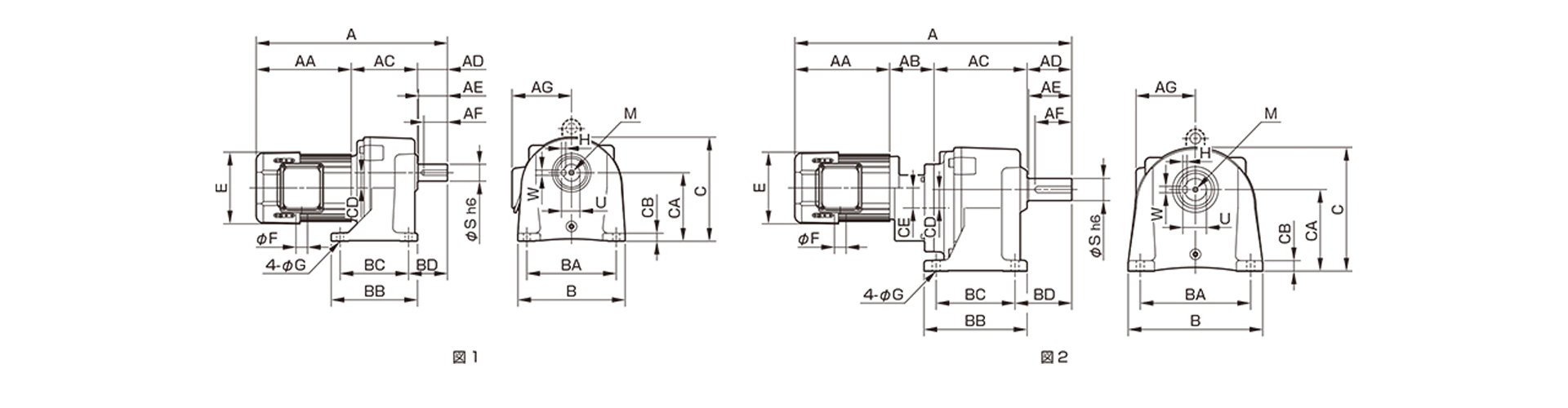三木プーリの中実軸ギヤードモータTML2モデル寸法図 外形寸法および取付寸法を示す寸法図