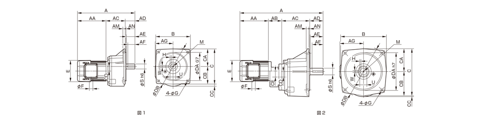 三木プーリのブレーキ付き中実軸ギヤードモータTMFB2モデル寸法図 外形寸法および取付寸法を示す寸法図