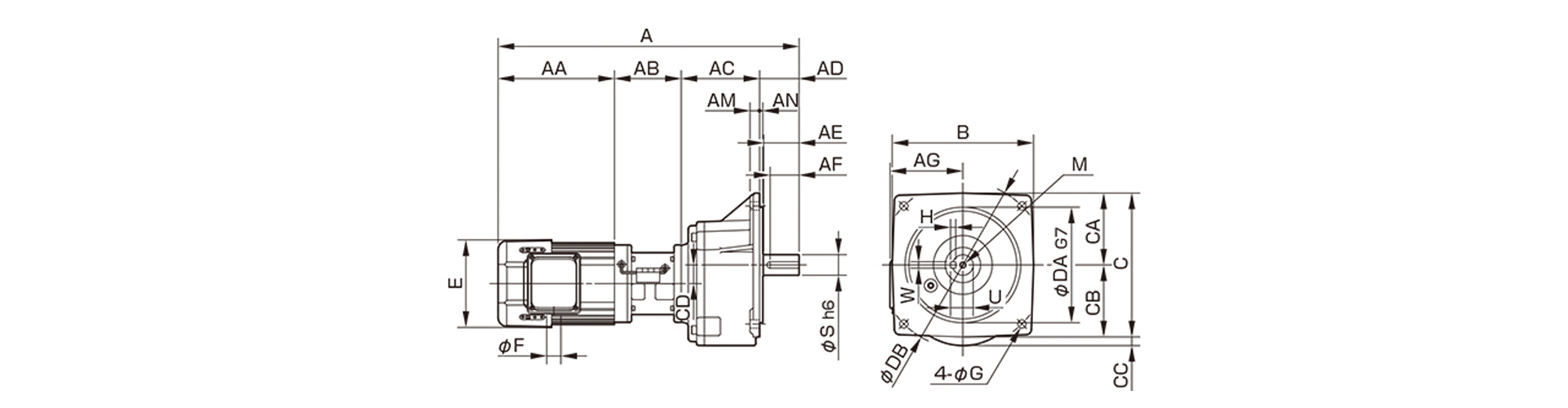 三木プーリのクラッチブレーキ付き中実軸ギヤードモータTMFCB2モデル寸法図 外形寸法および取付寸法を示す寸法図