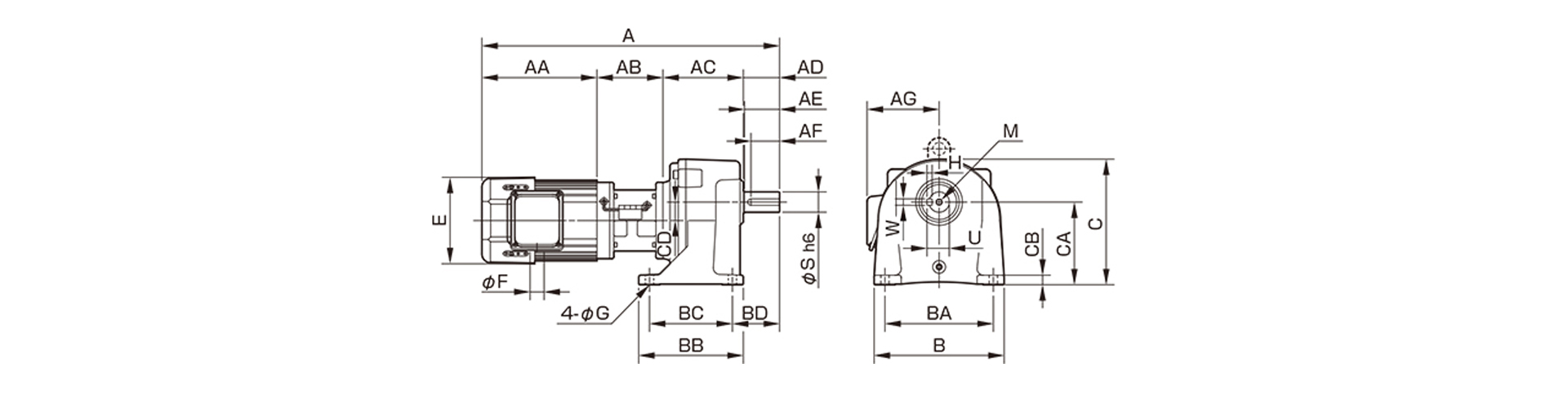 三木プーリのクラッチブレーキ付き中実軸ギヤードモータTMLCB2モデル寸法図 外形寸法および取付寸法を示す寸法図