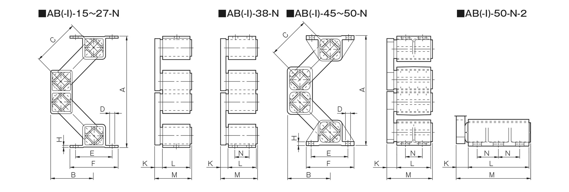 三木プーリの揺動マウントABモデル寸法図 外形寸法および取付寸法を示す寸法図