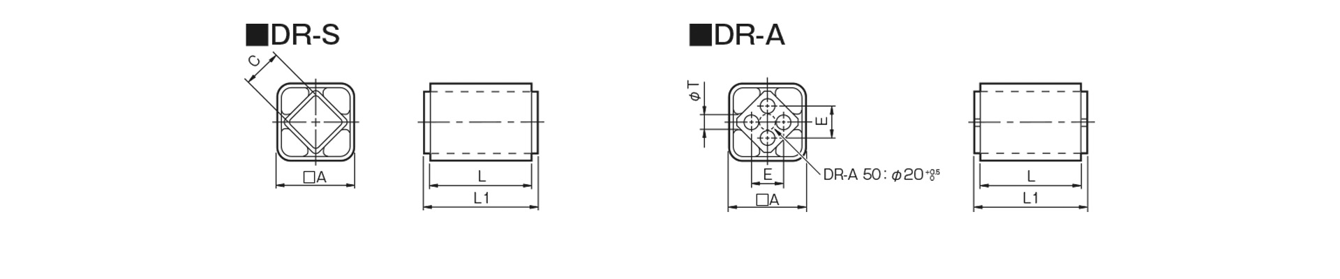 三木プーリのサスペンションユニットDR-Aモデル寸法図 外形寸法および取付寸法を示す寸法図