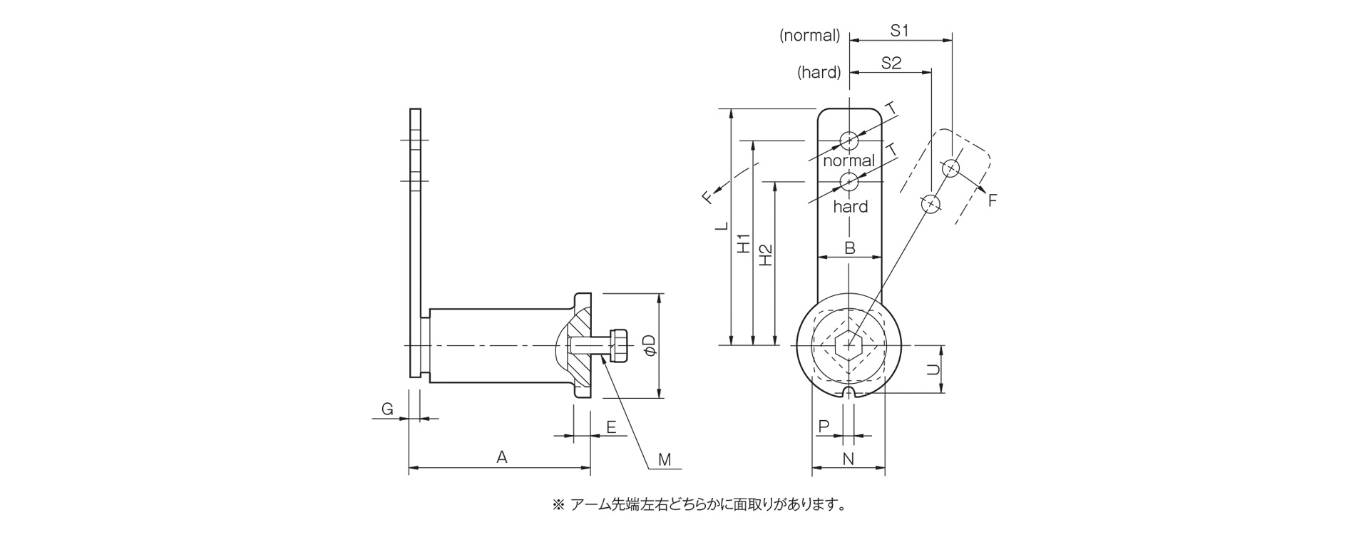 三木プーリのテンショナーSEモデル寸法図 外形寸法および取付寸法を示す寸法図