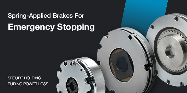 三木プーリのSpring-Applied Brakes紹介バナー（Spring-applied electromagnetic brakes for secure holding during power loss and emergency stopping）